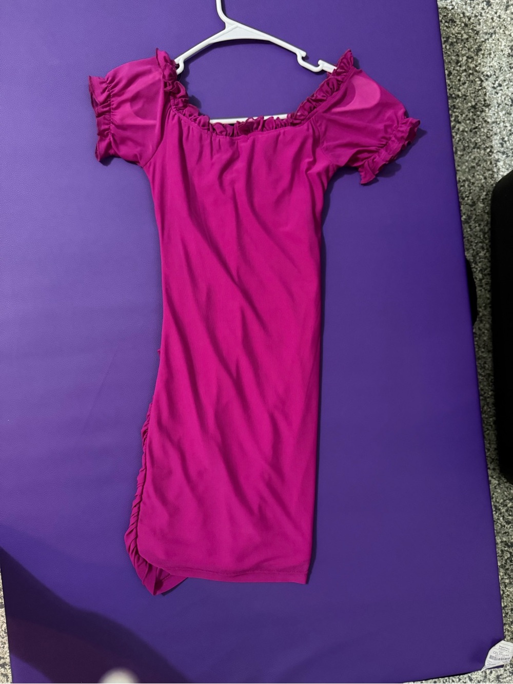 Fuchsia Ruched Mini Dress with Ruffle Neckline - Picture 3 of 5